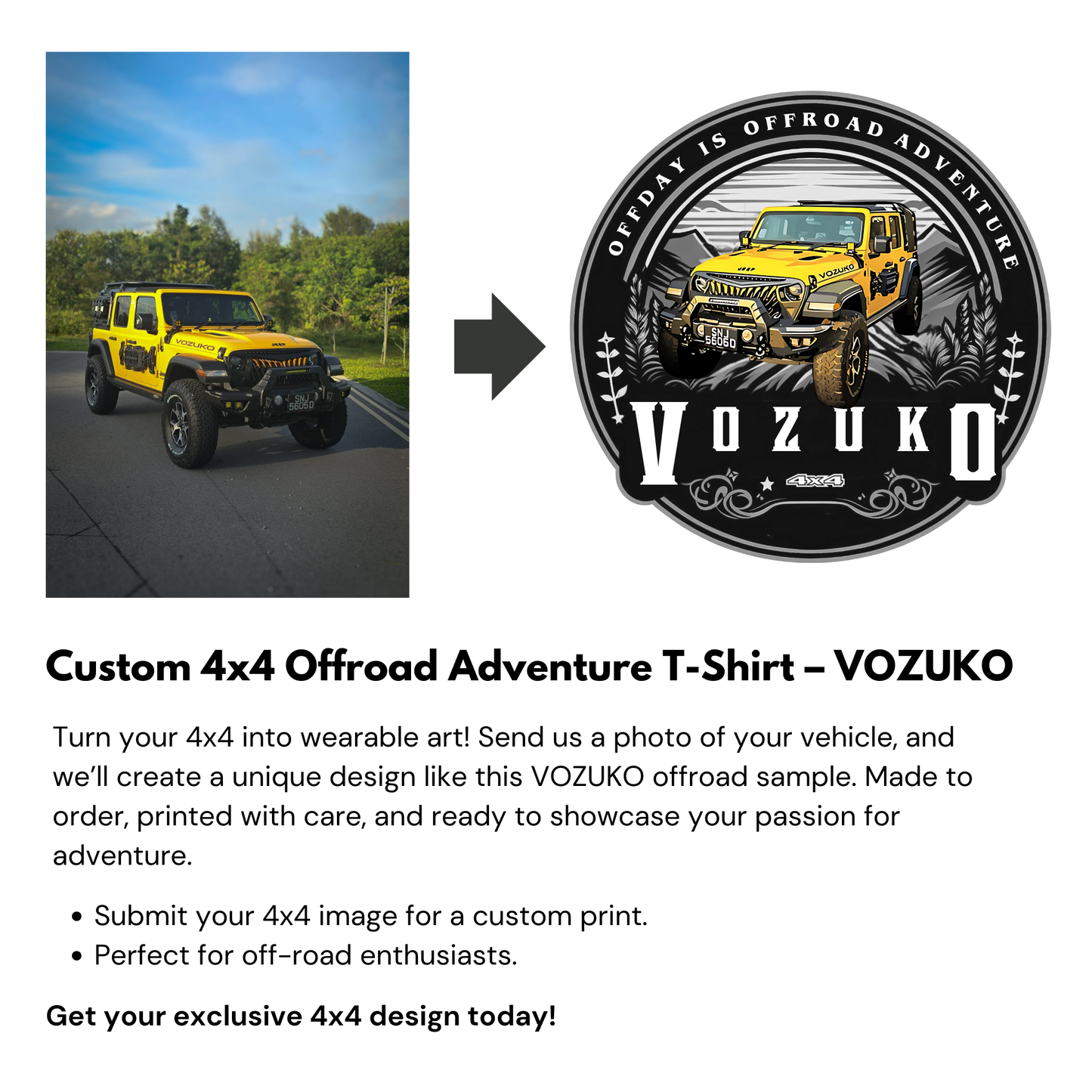 VOZUKO Custom 4x4 Jeep Off-Road Adventure T-Shirt Men Women Made-to-Order Gildan Tee