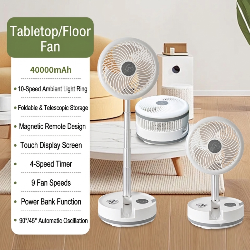 40,000mAh Rechargeable Portable Camping Fan 10" Foldable Oscillating Fan with LED Light, Remote Control & Fast Charging