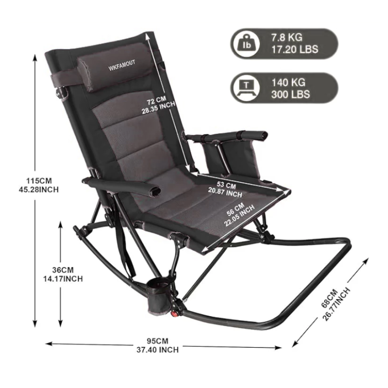 Oversized Folding Rocking Camping Chair Portable Padded Reclining Rocker with Footrest & Removable Pillow for Patio, Garden & Outdoor