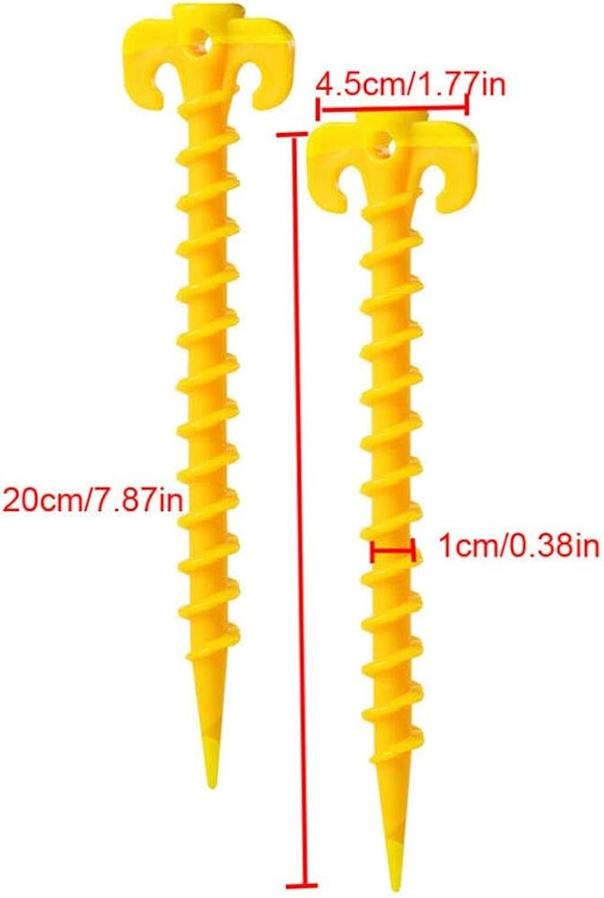 Heavy Duty Plastic Screw Tent Pegs 20cm Ground Stakes Metal Pegs and Glow in the Dark for Tents, Tarps, Ground Sheets & Camping Accessories
