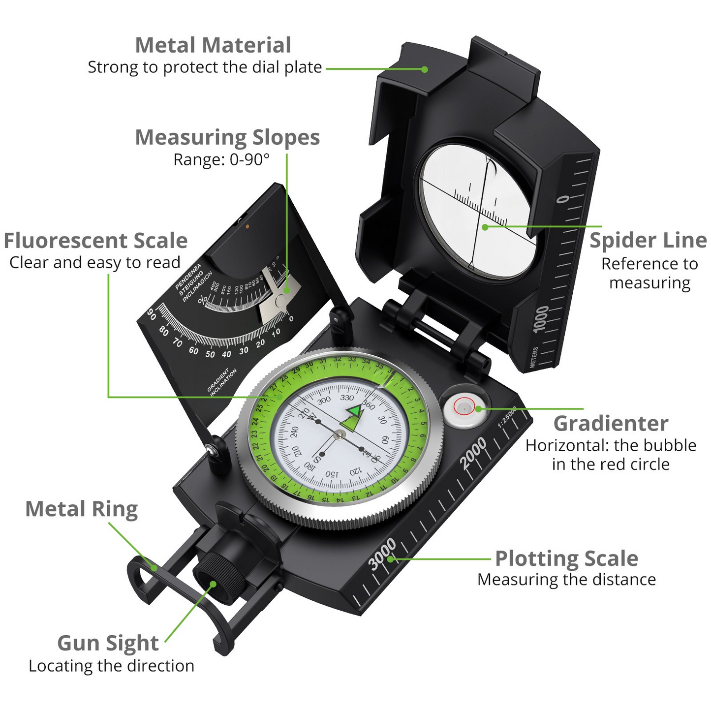 Waterproof Hiking Compass with Clinometer Fluorescent Scale Sighting Navigation Compass for Camping Mountaineering Boating Outdoor Survival