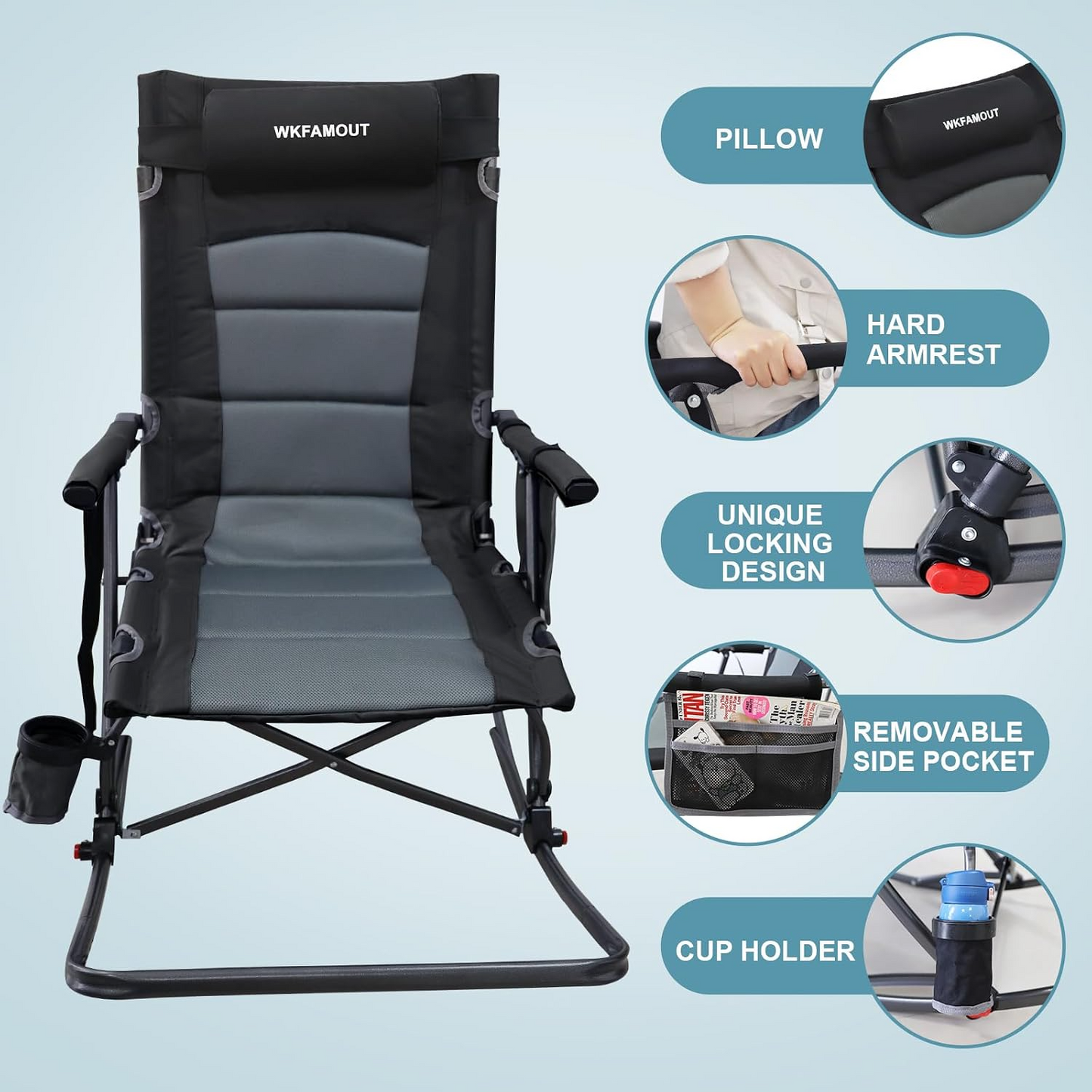 Oversized Folding Rocking Camping Chair Portable Padded Reclining Rocker with Footrest & Removable Pillow for Patio, Garden & Outdoor