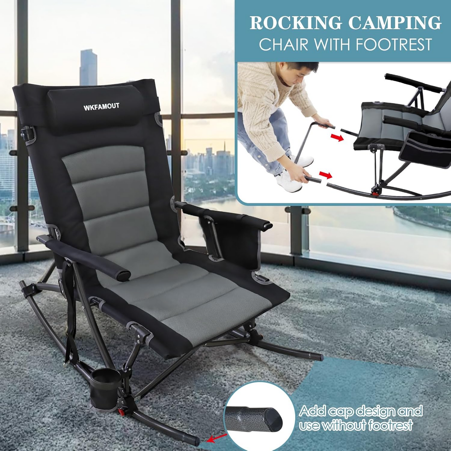 Oversized Folding Rocking Camping Chair Portable Padded Reclining Rocker with Footrest & Removable Pillow for Patio, Garden & Outdoor