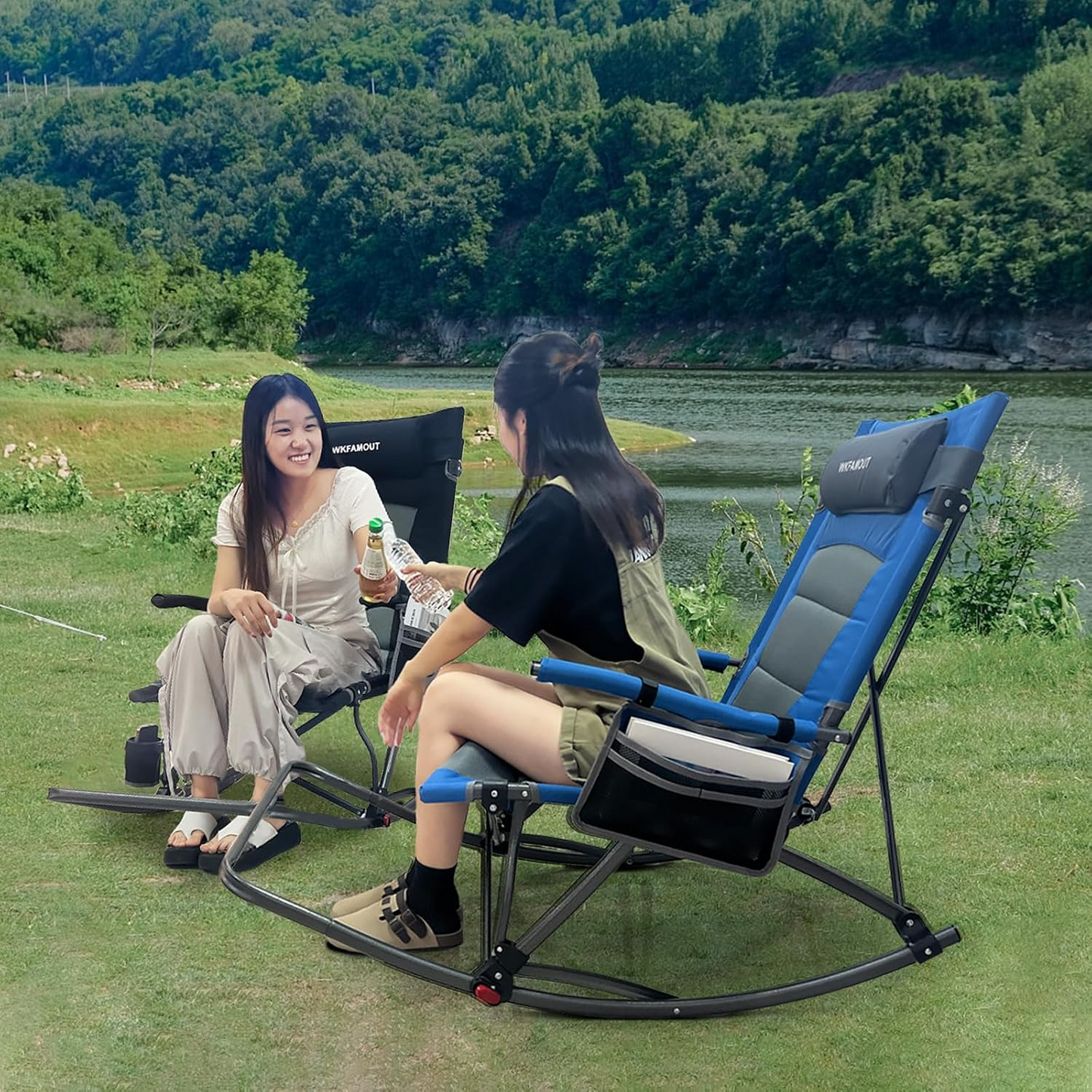 Oversized Folding Rocking Camping Chair Portable Padded Reclining Rocker with Footrest & Removable Pillow for Patio, Garden & Outdoor
