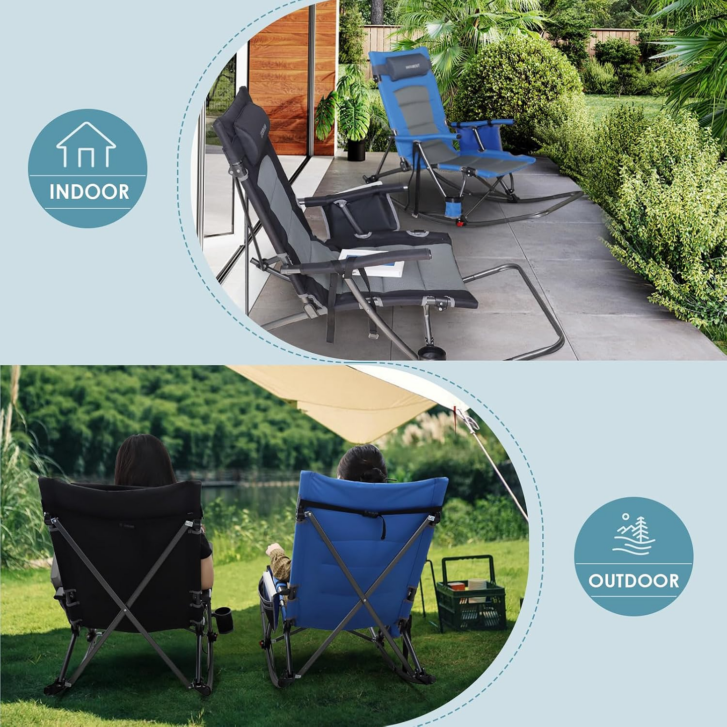 Oversized Folding Rocking Camping Chair Portable Padded Reclining Rocker with Footrest & Removable Pillow for Patio, Garden & Outdoor