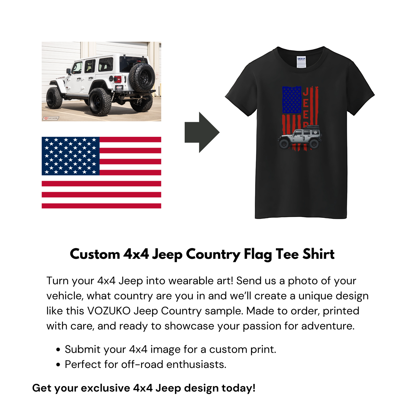 VOZUKO Custom 4x4 Jeep with Pride Flag T Shirt Men Women Made-to-Order Gildan Tee