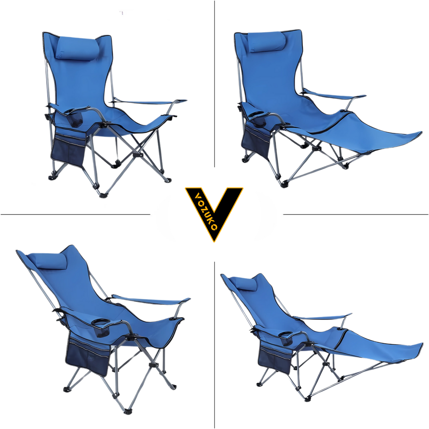 Foldable Reclining Camping Chair with Adjustable Footrest Portable Beach Lounge Chair with Pillow for Indoor Outdoor