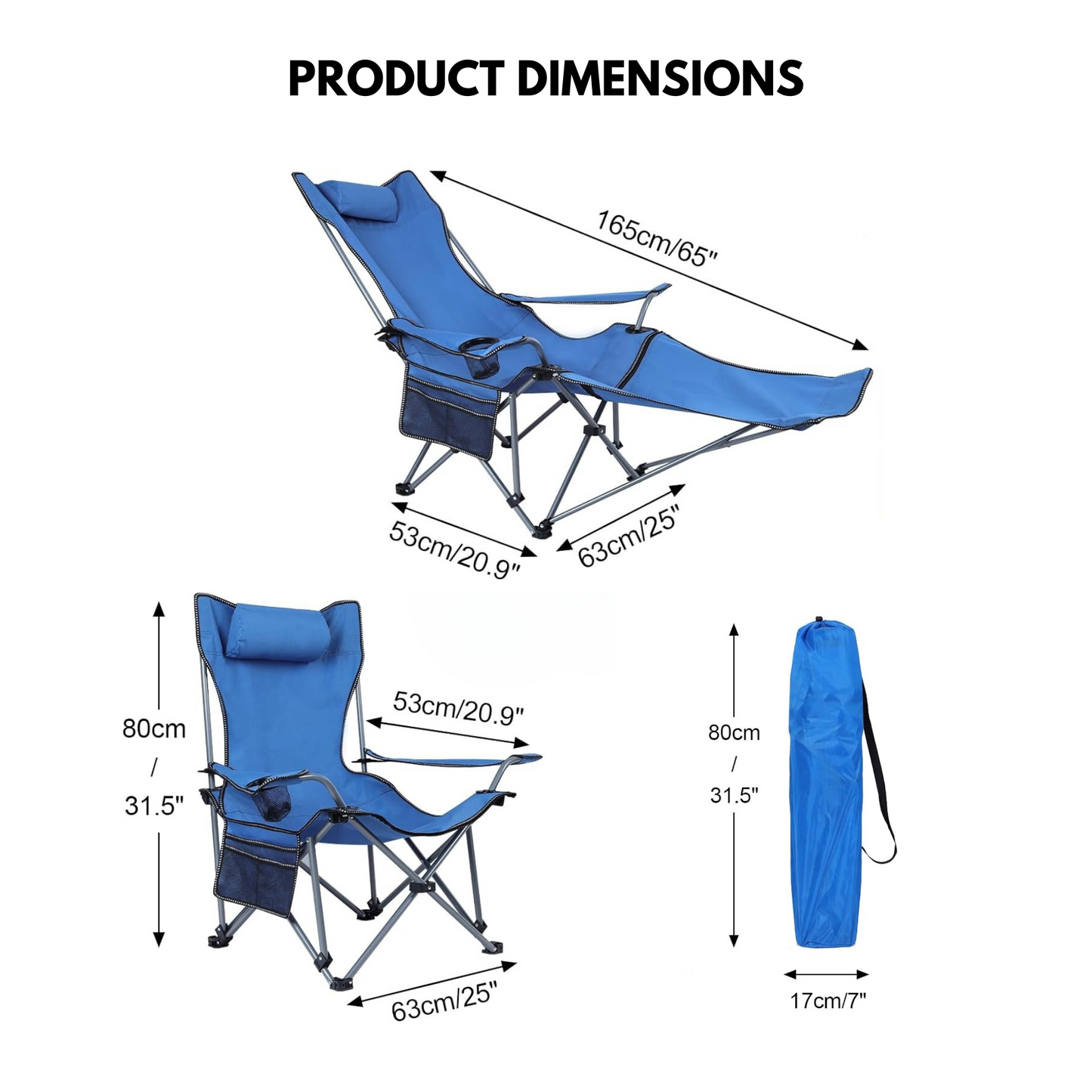 Foldable Reclining Camping Chair with Adjustable Footrest Portable Beach Lounge Chair with Pillow for Indoor Outdoor