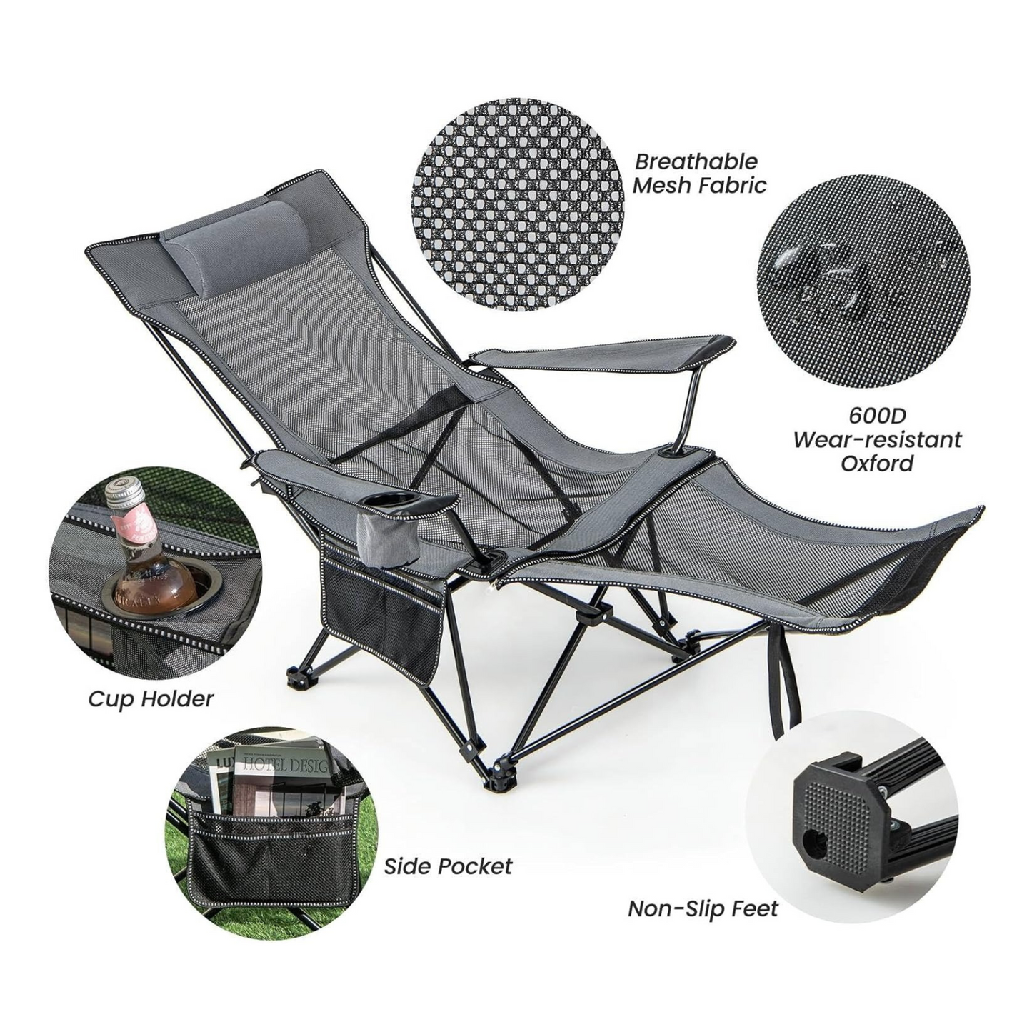 Foldable Reclining Camping Chair with Adjustable Footrest Portable Beach Lounge Chair with Pillow for Indoor Outdoor