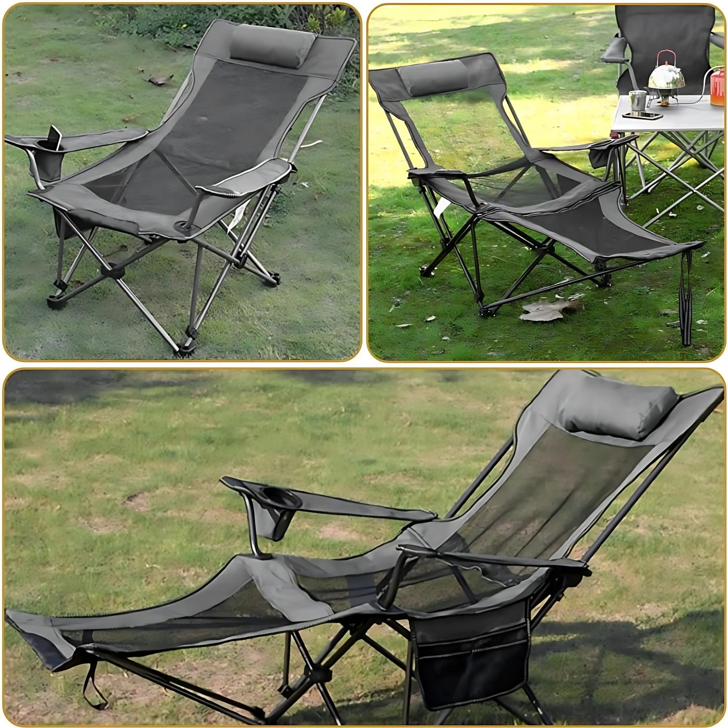 Foldable Reclining Camping Chair with Adjustable Footrest Portable Beach Lounge Chair with Pillow for Indoor Outdoor