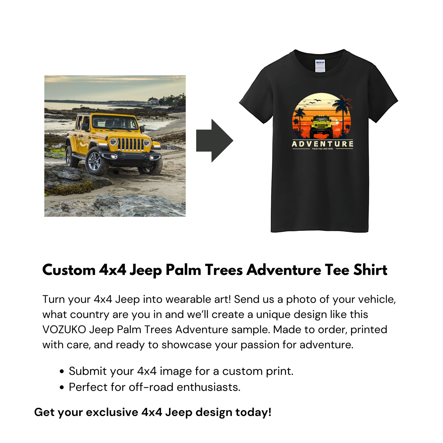 VOZUKO Custom 4x4 Jeep with Palm Trees Adventure T Shirt Men Women Made-to-Order Gildan Tee