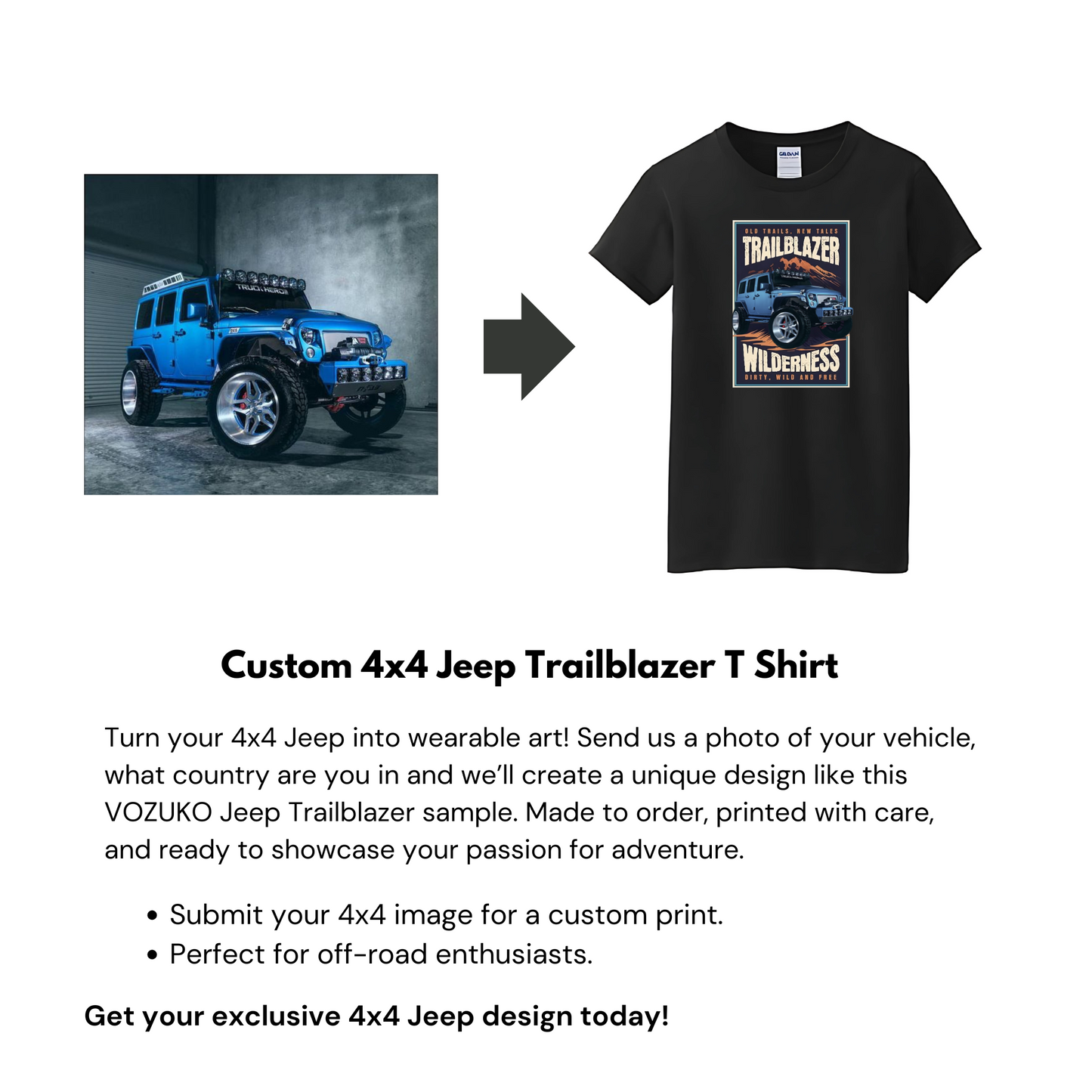 VOZUKO Custom 4x4 Jeep Trailblazer T Shirt Men Women Made-to-Order Gildan Tee