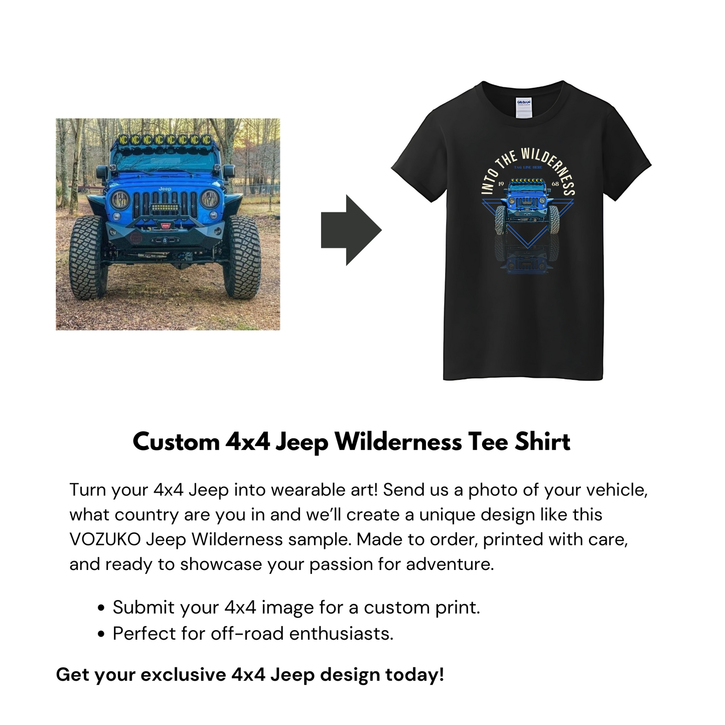 VOZUKO Custom 4x4 Jeep Wilderness T Shirt Men Women Made-to-Order Gildan Tee