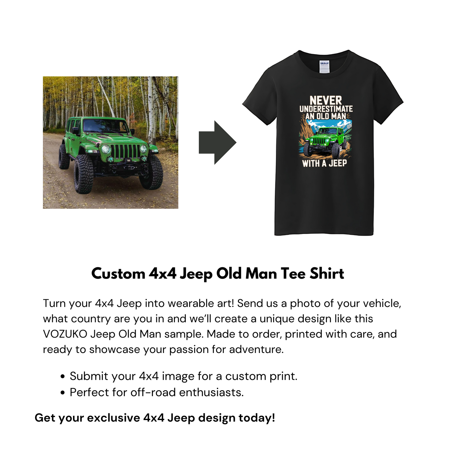 VOZUKO Custom 4x4 Jeep Old Man T Shirt Men Women Made-to-Order Gildan Tee