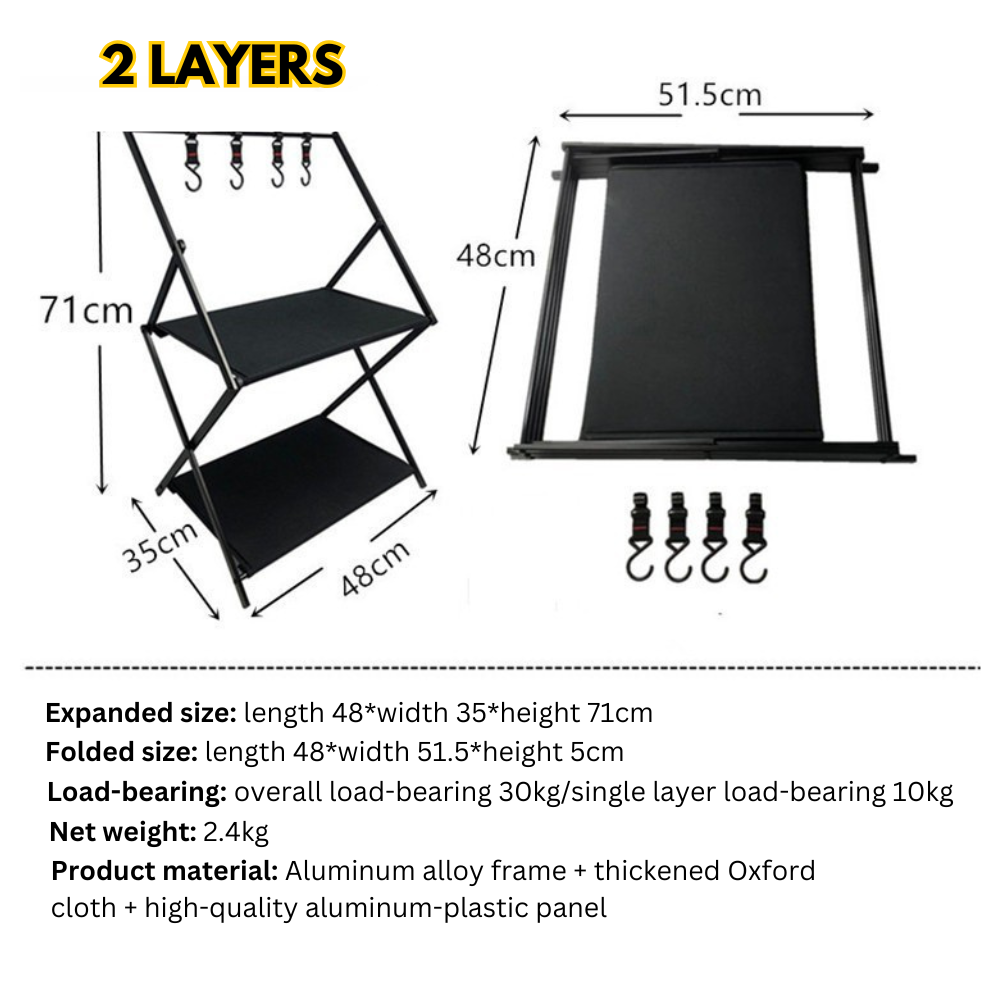 Multi-Layer Rack Camping Folding Table Aluminum Alloy Portable Storage Shelf with Hooks Indoor Outdoor