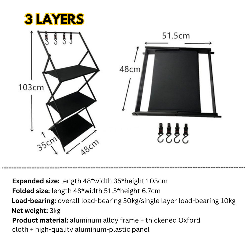 Multi-Layer Rack Camping Folding Table Aluminum Alloy Portable Storage Shelf with Hooks Indoor Outdoor