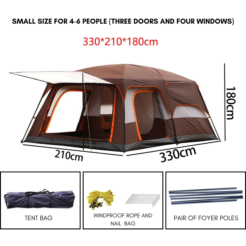 Camping Tent Oversized 4-6 People Double Layer Large Panoramic Tent Living Room Bedroom Rainproof Outdoor Picnic Beach Tent