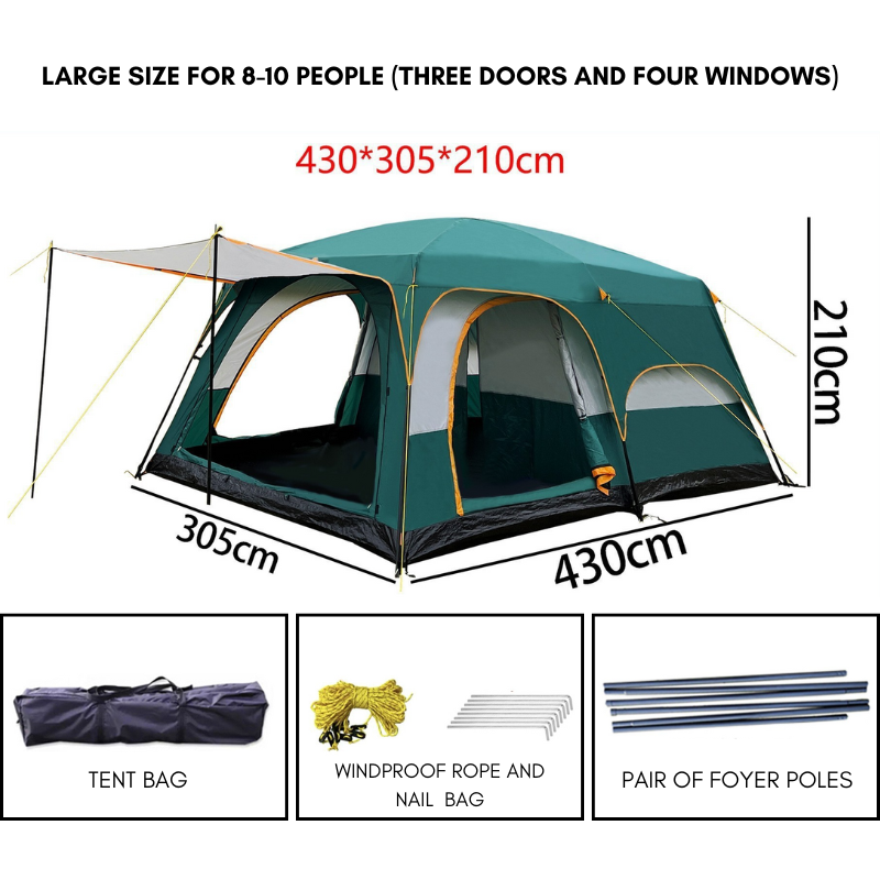 Outdoor Camping Tent Oversized 8-10 People Double Layer Large Panoramic Tent Living Room Bedroom Rainproof Outdoor Picnic Beach Tent