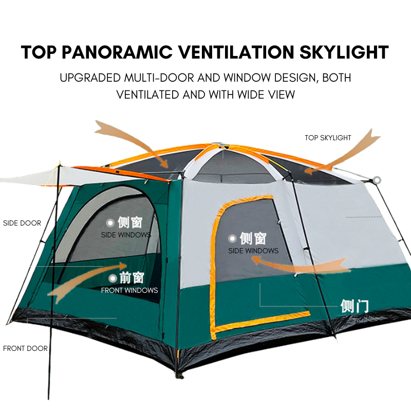 Camping Tent Oversized 4-6 People Double Layer Large Panoramic Tent Living Room Bedroom Rainproof Outdoor Picnic Beach Tent