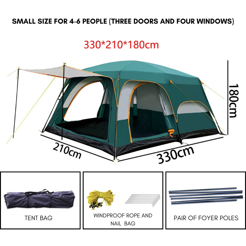 Camping Tent Oversized 4-6 People Double Layer Large Panoramic Tent Living Room Bedroom Rainproof Outdoor Picnic Beach Tent